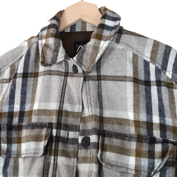 Zara Plaid Wool-Blend Chore Shacket Women’s Medium Pockets Oversized Brown Tan - Picture 2 of 8
